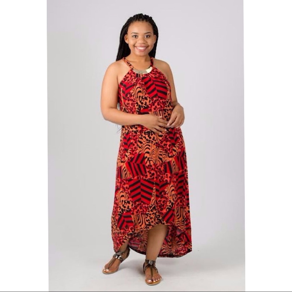 Mlle Gabrielle Animal Print Sleeveless Dress w Gold Metal Embellishment RED 2X